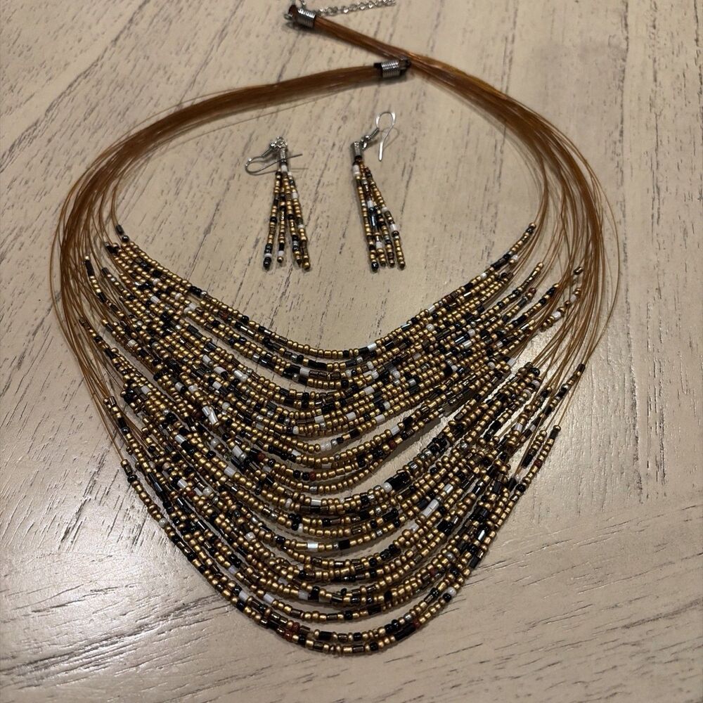 30 Strand Black & Gold Seed Bead Waterfall Necklace & Dangle Earrings